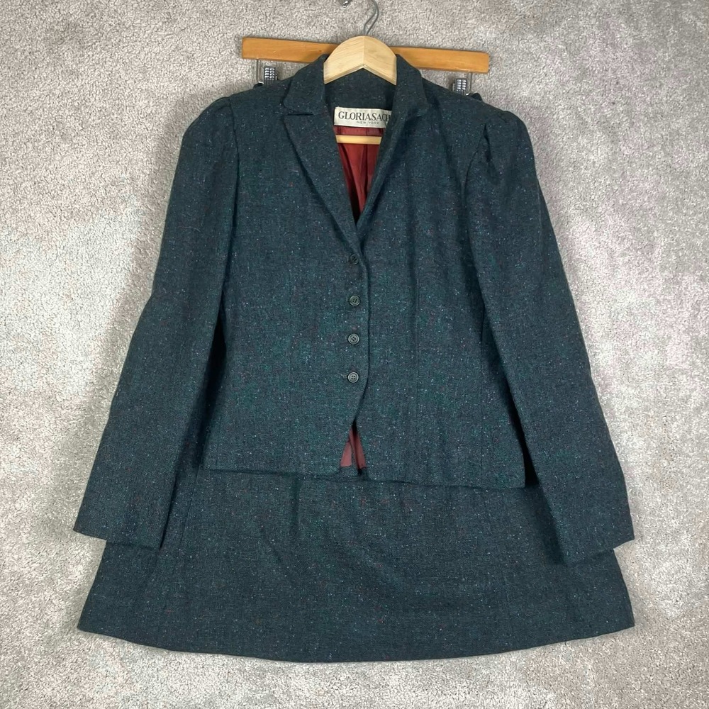 Vintage 80s Gloria Sachs Green Tweed Skirt Suit Set Union Made ILGWU USA Size 8